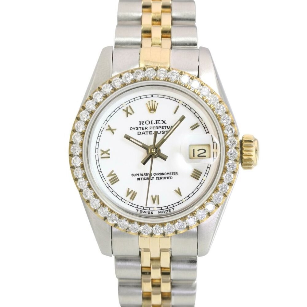 ROLEX DATEJUST WHITE ROMAN DIAL 18KY-STEEL JUBILEE TWOTONE WATCH 69173 BOX&PAPER